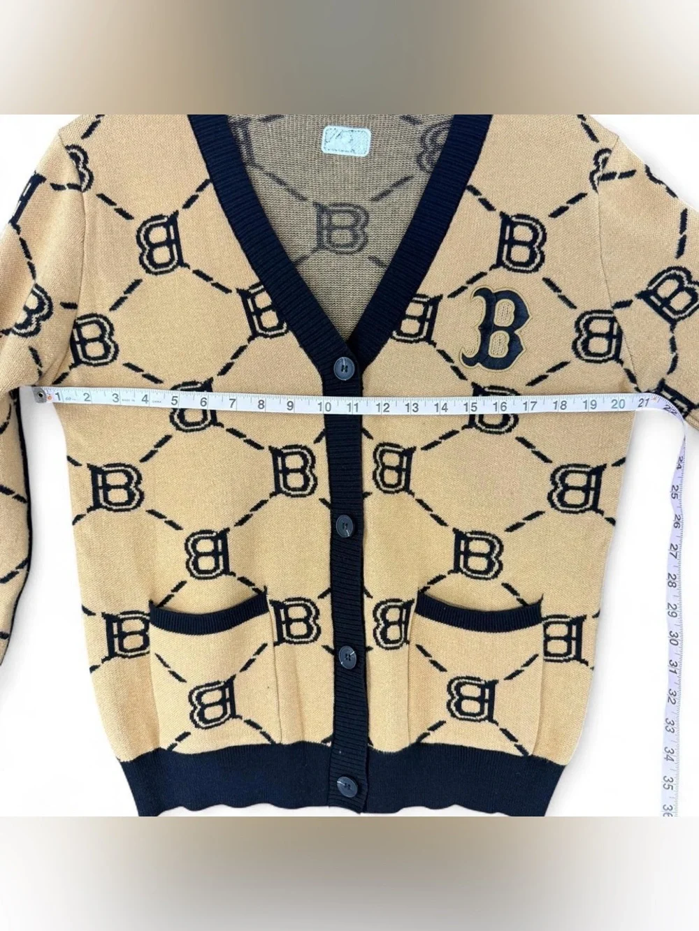Black-Trim Camel Patterned Cardigan Sweater